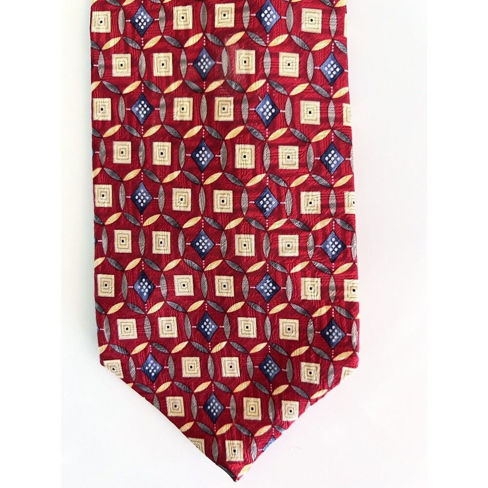 Jos A Bank Tie XL Silk Tie Geometric Red Blue Cream Gray 63 x 4 in Extra Long - Picture 6 of 11